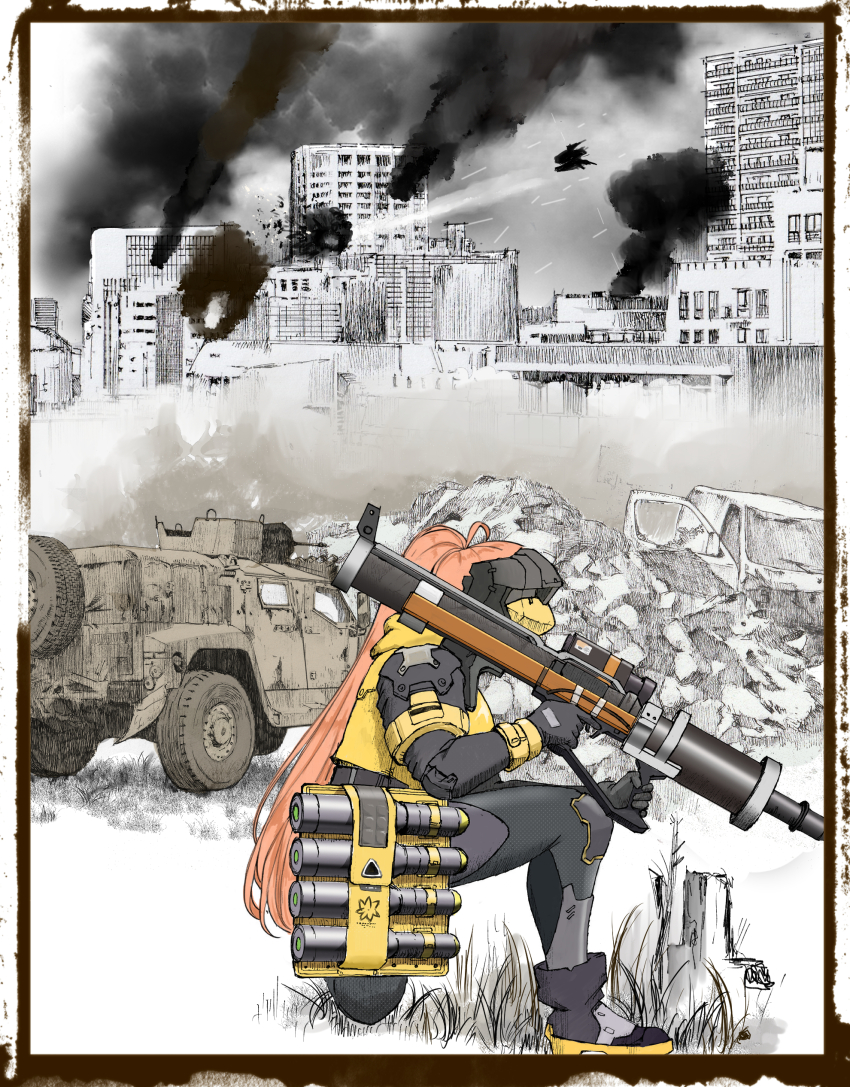 1girl, absurdres, armor, car, city, commentary_request, explosion, flying