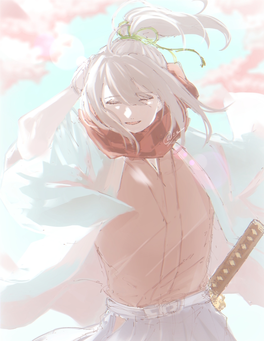 1boy, black_hair, black_hakama, black_scarf, blue_haori, blurry, checkered_clothes, checkered_scarf