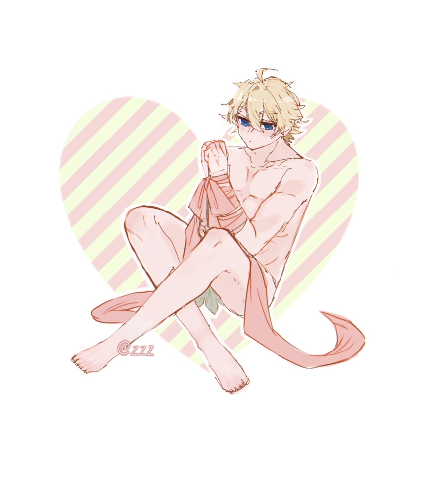 1boy, abs, adam_(shuumatsu_no_valkyrie), ahoge, blonde_hair, blue_eyes, bound, bound_arms