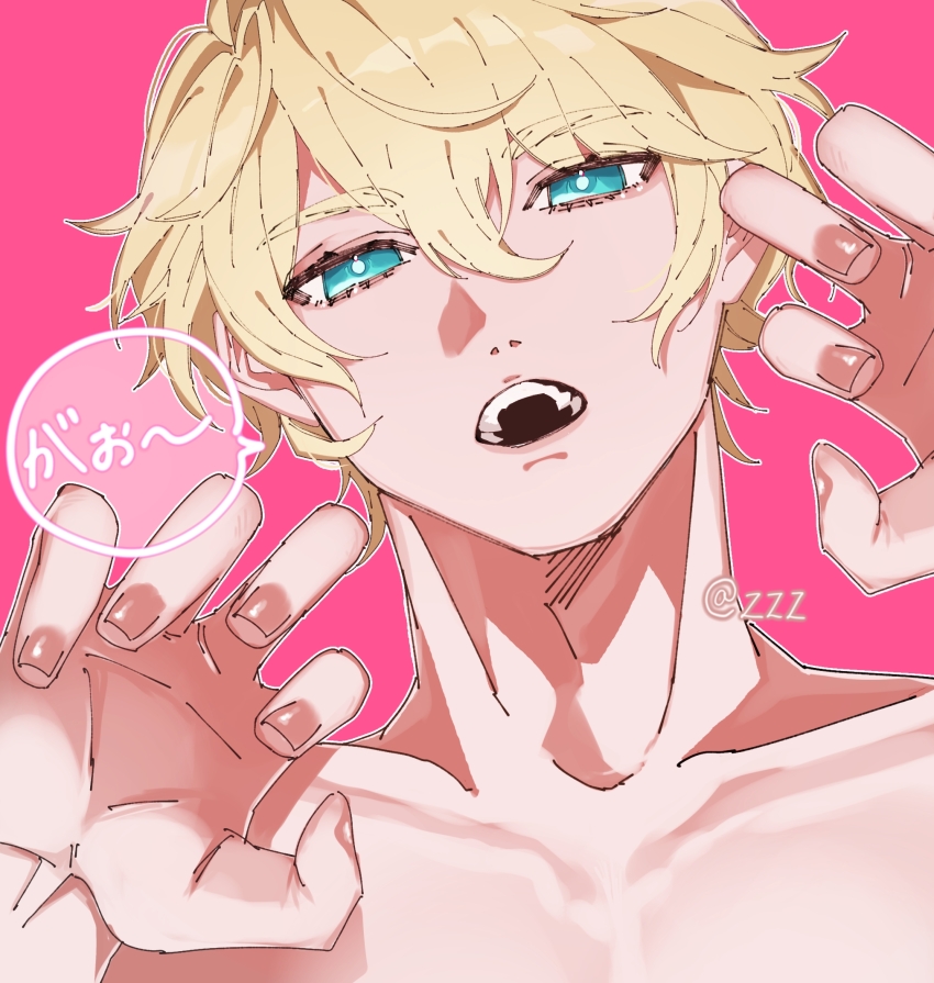 1boy, adam_(shuumatsu_no_valkyrie), blonde_hair, blue_eyes, claw_pose, collarbone, completely_nude, facing_viewer