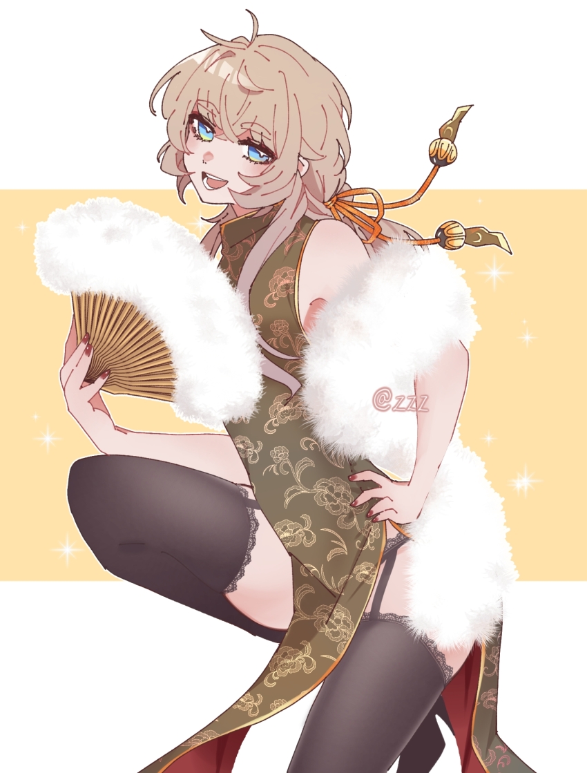 1boy, black_footwear, black_garter_straps, black_panties, black_thighhighs, blonde_hair, blue_eyes, china_dress, chinese_clothes, dress, floral_print, fur_boa, garter_straps, green_dress, green_eyes, hair_between_eyes, hand_fan, hand_on_own_hip, hand_up, high_heels, highres, holding, holding_fan, lace, lace-trimmed_legwear, lace-trimmed_panties, lace_trim, long_hair, looking_at_viewer, male_focus, michel_nostradamus_(shuumatsu_no_valkyrie), multicolored_eyes, nail_polish, open_mouth, panties, pelvic_curtain, red_dress, red_nails, shuumatsu_no_valkyrie, sidelocks, sleeveless, sleeveless_dress, smile, solo, thighhighs, two-sided_fabric, two-tone_eyes, underwear, white_fur