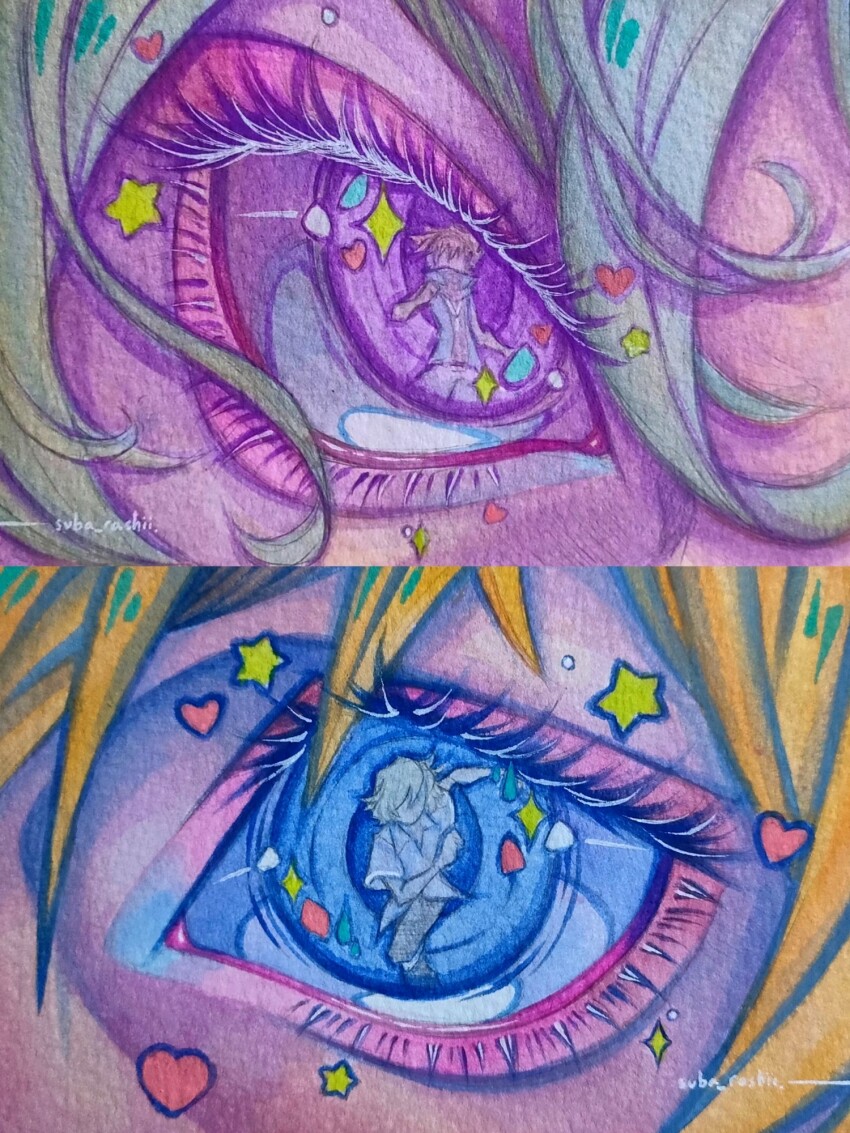 2boys, blonde_hair, blue_eyes, character_request, check_character, check_copyright, commentary, copyright_request, english_commentary, eye_focus, eye_reflection, heart, highres, kiryu_yoshiya, looking_at_viewer, male_focus, multiple_boys, painting_(medium), pen_(medium), purple_eyes, reflection, reflection_focus, sakuraba_neku, star_(symbol), suba_rashii, subarashiki_kono_sekai, traditional_media, watercolor_(medium)