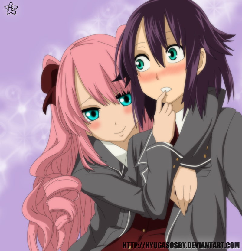 2boys, blue_eyes, blush, green_eyes, kaidou_shuu, multiple_boys, pink_hair, purple_hair, reversible_school_life, school_uniform, smile, suemitsu_dicca, trap, yaezaki_tsubaki