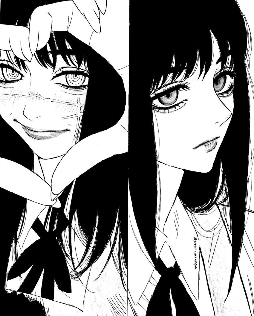 2girls, blush, chainsaw_man, closed_mouth, dress, facial_scar, fourth_east_high_school_uniform, greyscale