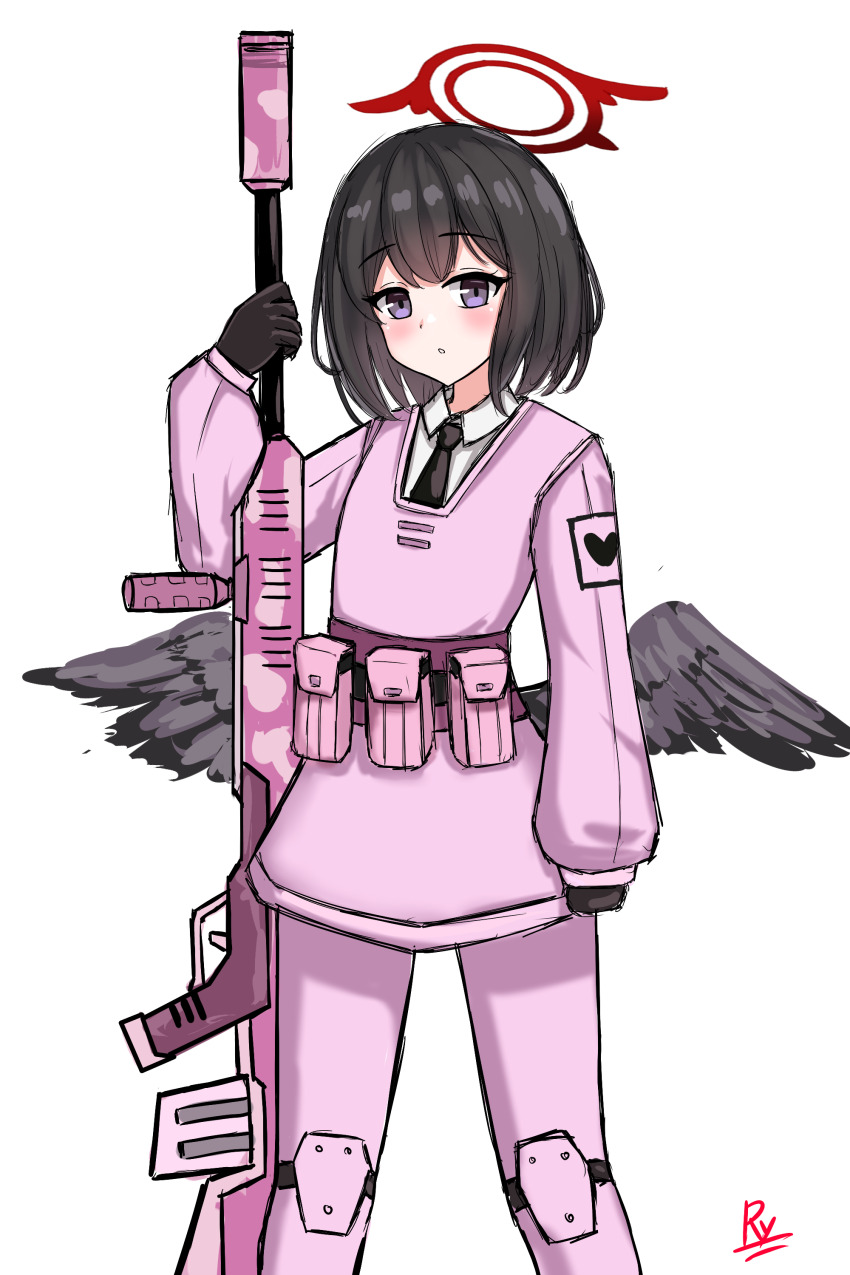 1girl, :o, absurdres, army_in_black, black_gloves, black_hair, black_wings, blue_archive, blush, commentary, e.g.o_(project_moon), english_commentary, feathered_wings, gloves, gun, halo, hand_up, highres, holding, holding_gun, holding_weapon, inktober, jacket, knee_pads, lobotomy_corporation, long_sleeves, looking_at_viewer, low_wings, mashiro_(blue_archive), pants, parted_lips, pink_(e.g.o), pink_jacket, pink_pants, project_moon, puffy_long_sleeves, puffy_sleeves, purple_eyes, rylaera, signature, simple_background, solo, weapon, white_background, wings