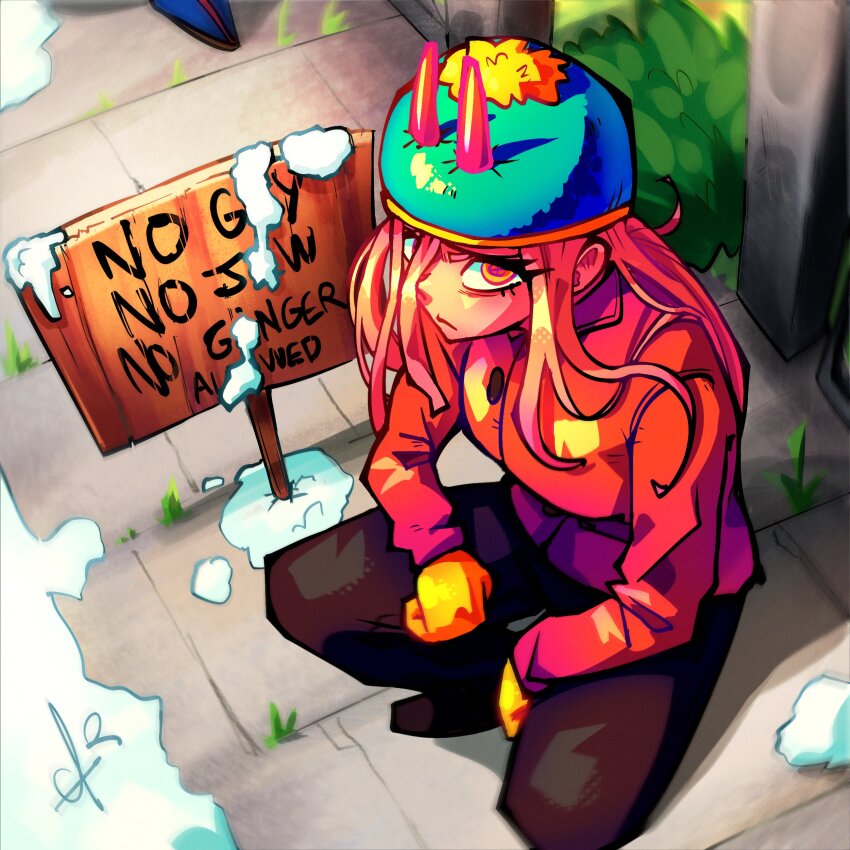 1boy, 1girl, absurdres, alpharecdyt, beanie, black_pants, chainsaw_man, cosplay