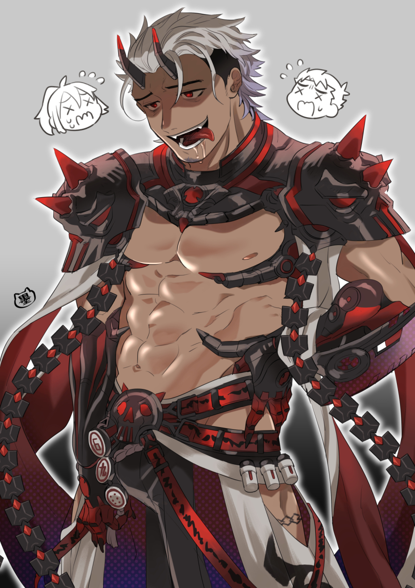 1boy, abs, armor, bara, bare_pectorals, belt, belt_buckle, black_hair, black_nails, buckle, cape, chibi, chibi_inset, clothing_cutout, crazy_eyes, crazy_smile, dark-skinned_male, dark_skin, drooling, facial_hair, fangs, female_protagonist_(live_a_hero), fingernails, gaisei_(live_a_hero), goatee_stubble, grey_background, hair_slicked_back, hakama, hakama_pants, hand_on_own_hip, highres, horns, japanese_clothes, live_a_hero, male_focus, male_protagonist_(live_a_hero), mechanical_gloves, mechanical_horns, mechanical_tentacles, multicolored_hair, multiple_belts, nipples, pants, pectorals, red_eyes, revealing_clothes, saliva, shaded_face, sharp_fingernails, short_hair, simple_background, skull_belt, smile, solo, spikes, stubble, sumi_wo_hakuneko, thigh_cutout, tongue, tongue_out, two-tone_hair, undercut, white_hair, x_x