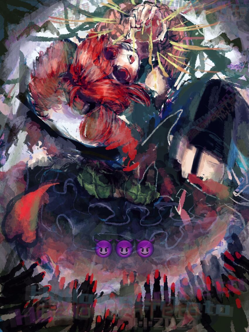 1girl, ahoge, apple, belt, black_belt, black_shirt, black_sleeves, blush