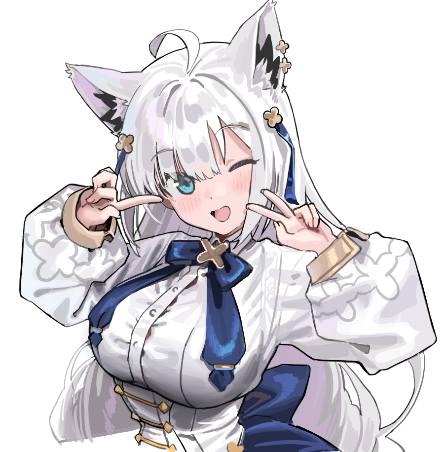 1girl, ahoge, animal_ear_piercing, animal_ears, aqua_eyes, blue_bow, blue_bowtie, blush, bow, bowtie, breasts, commentary_request, fox_ears, fox_girl, hands_up, hololive, index_finger_raised, kanzarin, large_breasts, long_hair, long_sleeves, looking_at_viewer, official_alternate_costume, open_mouth, puffy_long_sleeves, puffy_sleeves, shirakami_fubuki, shirakami_fubuki_(saint), shirt, simple_background, smile, solo, upper_body, v, virtual_youtuber, waist_bow, white_background, white_hair, white_shirt