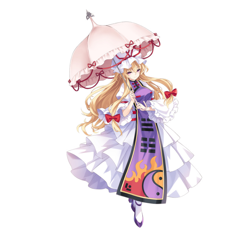 1girl, blonde_hair, bow, closed_mouth, dress, frilled_dress, frills, hair_bow, hat, hat_ribbon, highres, hirano_katsuyuki, holding, holding_umbrella, long_hair, long_sleeves, looking_at_viewer, mob_cap, multiple_hair_bows, official_art, parasol, purple_eyes, purple_shoes, purple_tabard, red_bow, red_ribbon, ribbon, shoes, smile, solo, tabard, touhou, touhou_spell_carnival, transparent_background, umbrella, white_dress, wide_sleeves, yakumo_yukari, yin_yang, yin_yang_print
