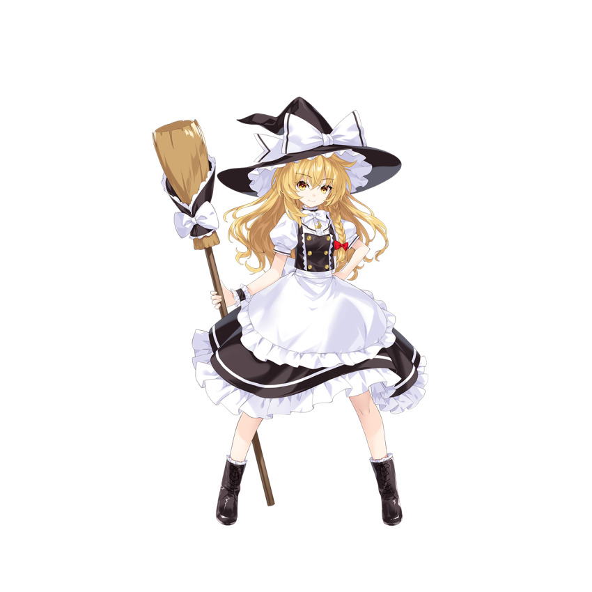 1girl, apron, black_vest, blonde_hair, boots, bow, braid, broom, closed_mouth, embellished_costume, hair_bow, hand_on_own_hip, hat, hat_bow, highres, hirano_katsuyuki, holding, holding_broom, kirisame_marisa, long_hair, looking_at_viewer, official_art, puffy_short_sleeves, puffy_sleeves, short_sleeves, side_braid, single_braid, smile, solo, touhou, touhou_spell_carnival, transparent_background, vest, waist_apron, white_apron, white_bow, witch_hat, yellow_eyes