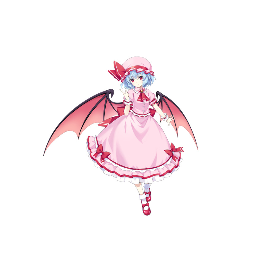 1girl, ascot, bat_wings, blue_hair, bobby_socks, brooch, closed_mouth, collar