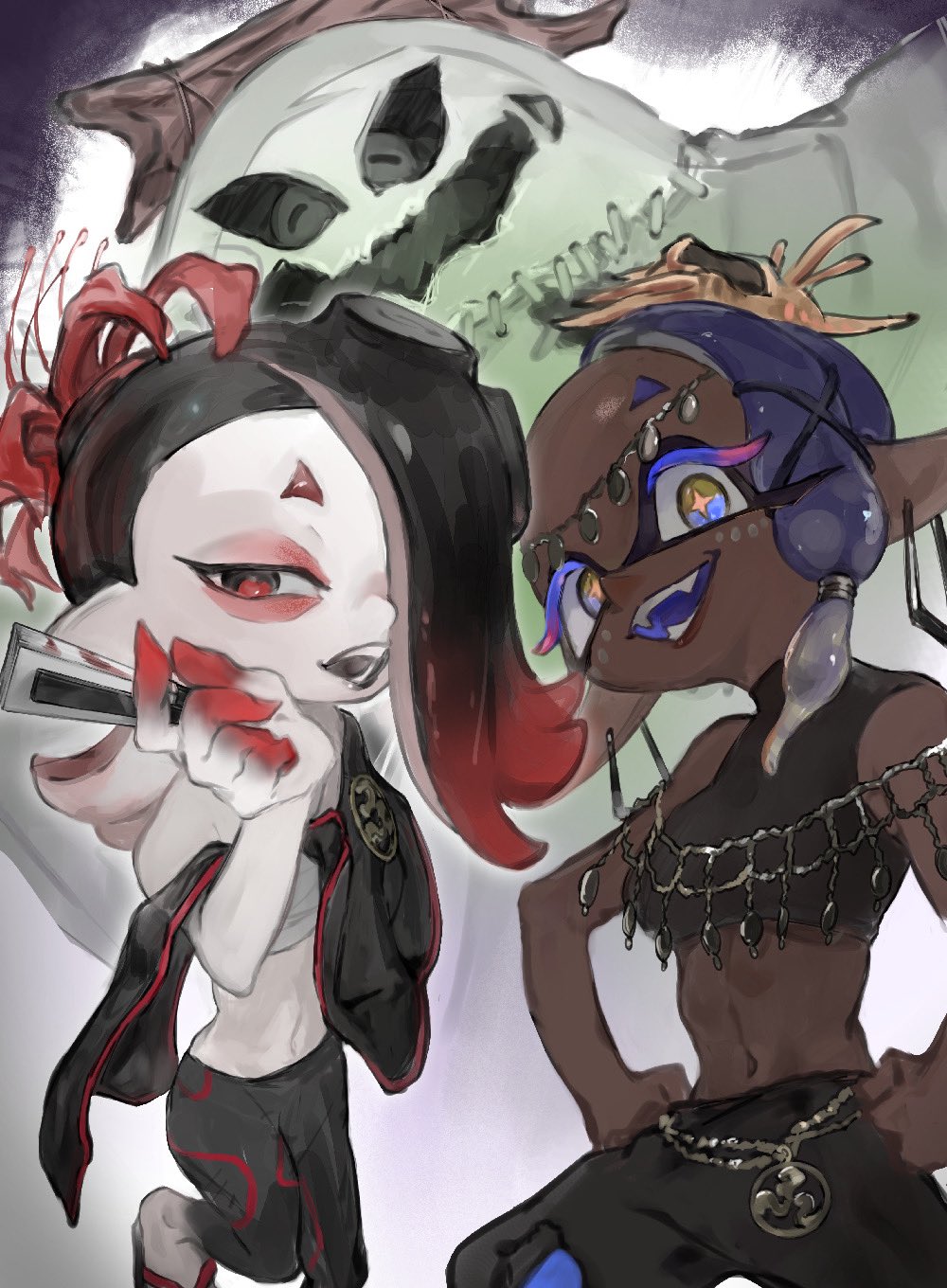 1boy, 2girls, asymmetrical_hair, bare_shoulders, big_man_(splatoon), big_man_(splatoween)_(splatoon), black_hair, black_lips