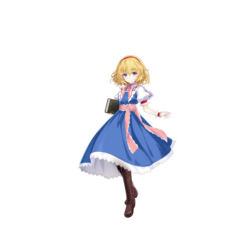 1girl, alice_margatroid, blonde_hair, blue_dress, book, boots, brown_boots, closed_mouth