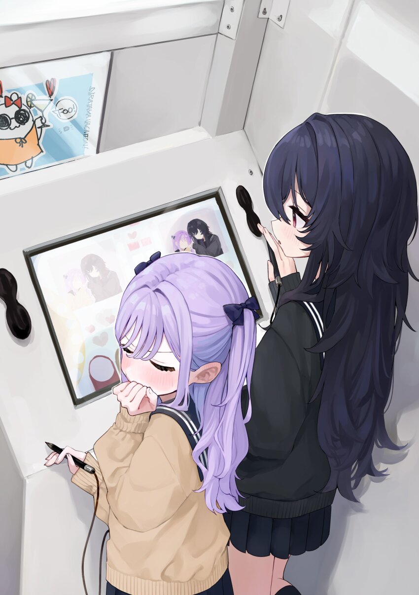 2girls, absurdres, alternate_costume, black_bow, black_serafuku, black_skirt, blush, bow