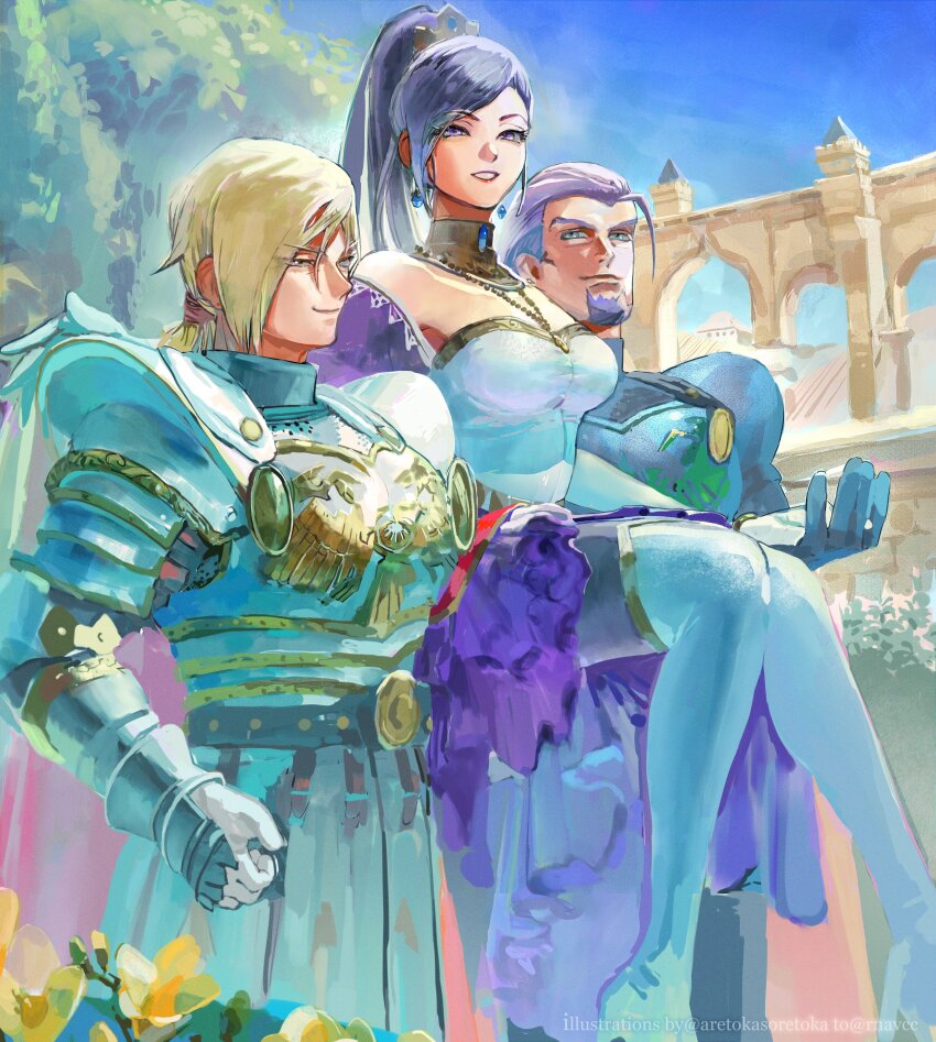 1girl, 2boys, absurdres, aqua_eyes, aretokasoretoka, armor, black_armor, blonde_hair, blue_sky, breasts, carrying, carrying_person, commentary_request, day, dragon_quest, dragon_quest_xi, earrings, facial_hair, gloves, greig_(dq11), hair_slicked_back, high_ponytail, highres, holding_hands, homeros_(dq11), jewelry, knight, large_breasts, looking_at_another, looking_up, low_ponytail, martina_(dq11), multiple_boys, necklace, off_shoulder, official_alternate_costume, pantyhose, ponytail, purple_eyes, purple_hair, single_bang, sky, smile, thighhighs, twitter_username, white_gloves, yellow_eyes