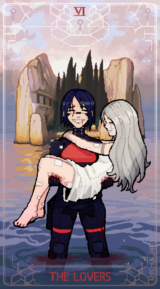 2girls, android, ariane_yeong, bandaid, bandaid_on_cheek, bandaid_on_face, bandaid_on_leg, bandaid_on_nose, belt, belt_pouch, black_hair, blood_from_forehead, blood, blood_in_water, blood_on_clothes, blood_on_face, blood_on_hands, camisole, card_(medium), carrying, closed_eyes, crying, elster_(signalis), island, isle_of_the_dead_(painting), kepchuk, long_hair, multiple_girls, ocean, pixel_art, pouch, princess_carry, short_hair, signalis, smile, streaming_tears, tarot, tarot_(medium), tears, the_lovers_(tarot), tree, wading, white_camisole, white_hair, yuri