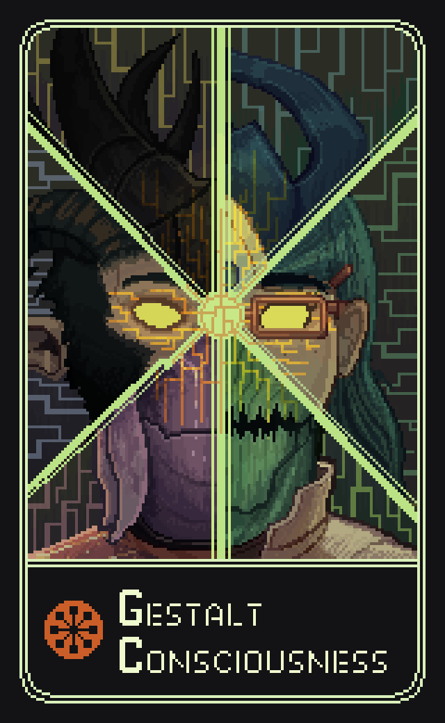6+others, alien, black_fur, commentary, english_commentary, english_text, glasses, green_hair, horns, kepchuk, long_hair, multiple_others, pixel_art, split, stellaris_(game), yellow_eyes