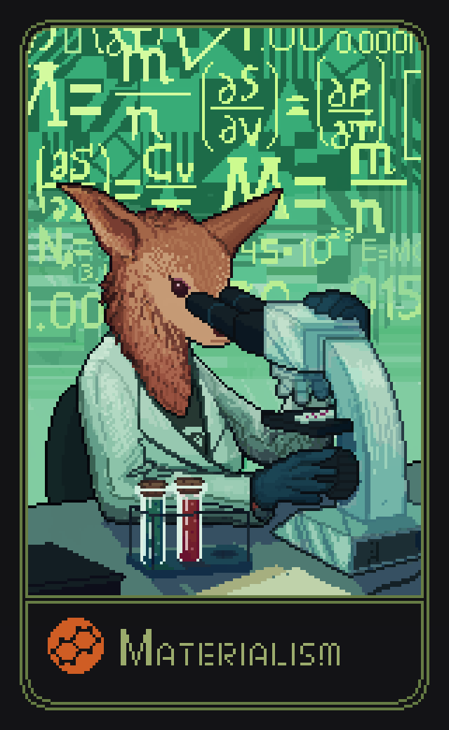 1girl, alien, black_gloves, black_shirt, brown_fur, commentary, english_commentary, english_text, equation, furry, gloves, kepchuk, lab_coat, math, microscope, pixel_art, scientist, shirt, solo, stellaris_(game), test_tube, test_tube_rack