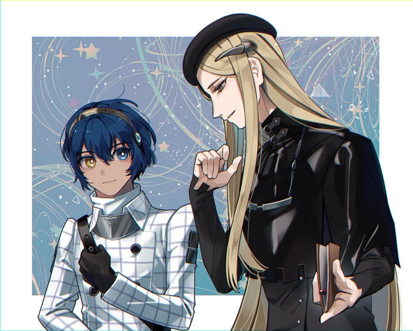 2boys, arm_up, beret, black_gloves, black_hat, blonde_hair, blue_hair, book