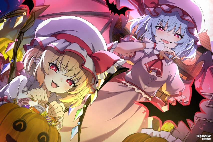 2girls, bat_wings, blonde_hair, blue_hair, colorized, derivative_work, dress, flandre_scarlet