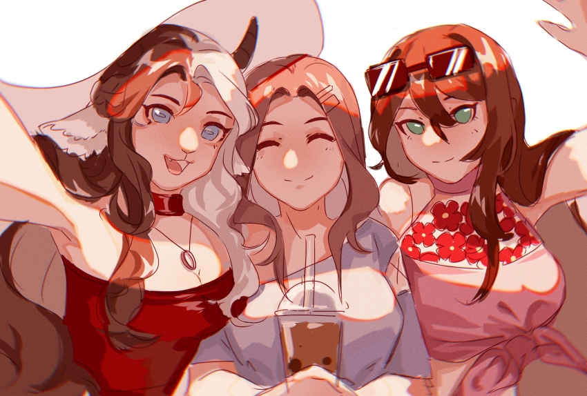 3girls, ^_^, absurdres, animal_ears, aqua_eyes, blue_eyes, breasts, brown_hair, bubble_tea, captainpuffy, cleavage, closed_eyes, crop_top, cup, dream_smp, dress, eyewear_on_head, hannahxxrose, highres, holding, holding_cup, horizontal_pupils, horns, jewelry, large_breasts, long_hair, looking_at_viewer, minecraft_youtube, multicolored_hair, multiple_girls, muyinxia_(yinxia566), necklace, nihachu, official_alternate_costume, open_mouth, pink_shirt, red_dress, selfie, sheep_ears, sheep_girl, shirt, simple_background, sketch, split-color_hair, strapless, strapless_dress, sunglasses, tied_shirt, two-tone_hair, very_long_hair, wavy_hair, white_background, white_hair
