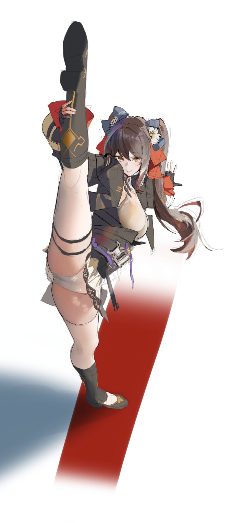 1girl, absurdres, black_boots, black_bow, black_gloves, boots, bow, breasts