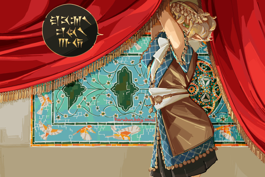 1girl, absurdres, arms_up, black_skirt, blonde_hair, brown_shirt, circlet, commentary_request