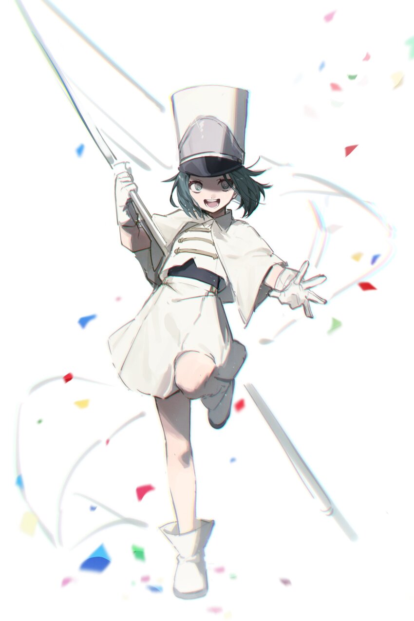 1girl, @_@, absurdres, boots, capelet, comugikun, confetti, flag