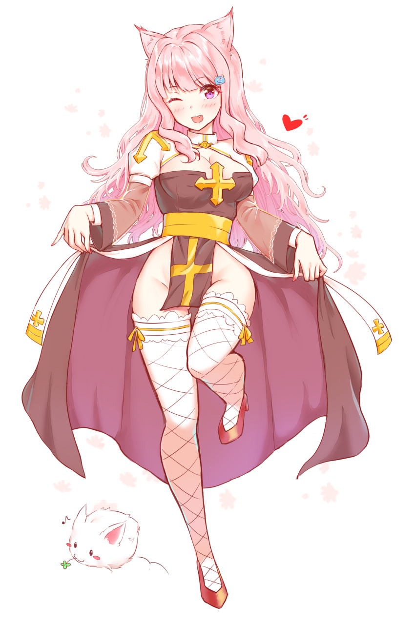 1girl, animal_ears, arch_bishop_(ragnarok_online), black_dress, blush, breasts, brown_footwear, c8oyk