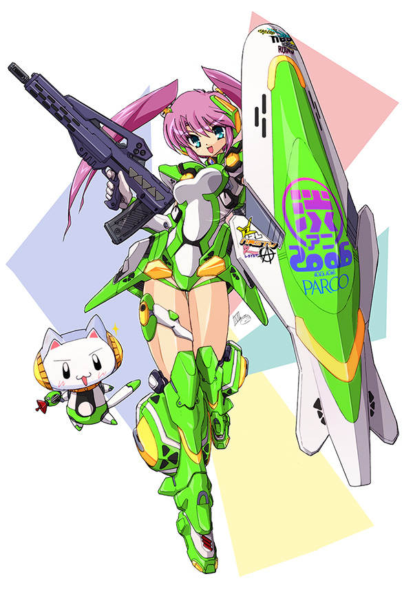 1girl, akitaka_mika, blue_eyes, bodysuit, breasts, cat, commentary_request, full_body, gun, holding, holding_shield, long_hair, mecha_musume, medium_breasts, open_mouth, original, parco_(retailer), pink_hair, rifle, shield, smile, solo, twintails, weapon
