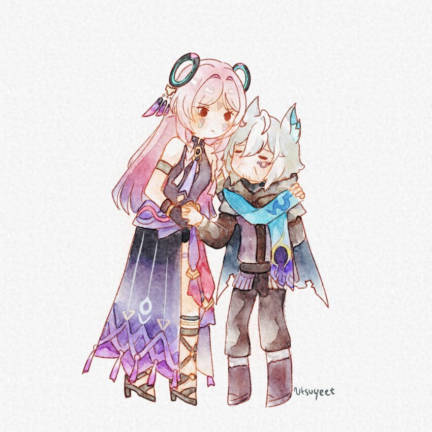 1boy, 1girl, age_difference, aged_up, alternate_hair_color, animal_ear_fluff, animal_ears, armlet