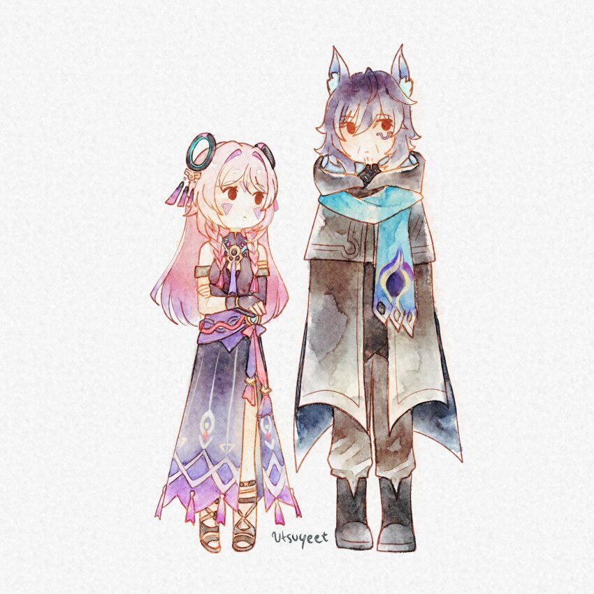 1boy, 1girl, age_difference, aged_up, animal_ear_fluff, animal_ears, armlet, artist_name