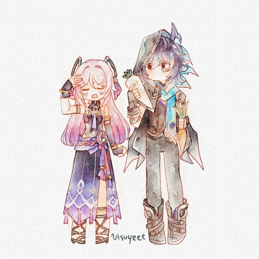 1boy, 1girl, animal_ear_fluff, animal_ears, arm_at_side, arm_markings, armlet, artist_name