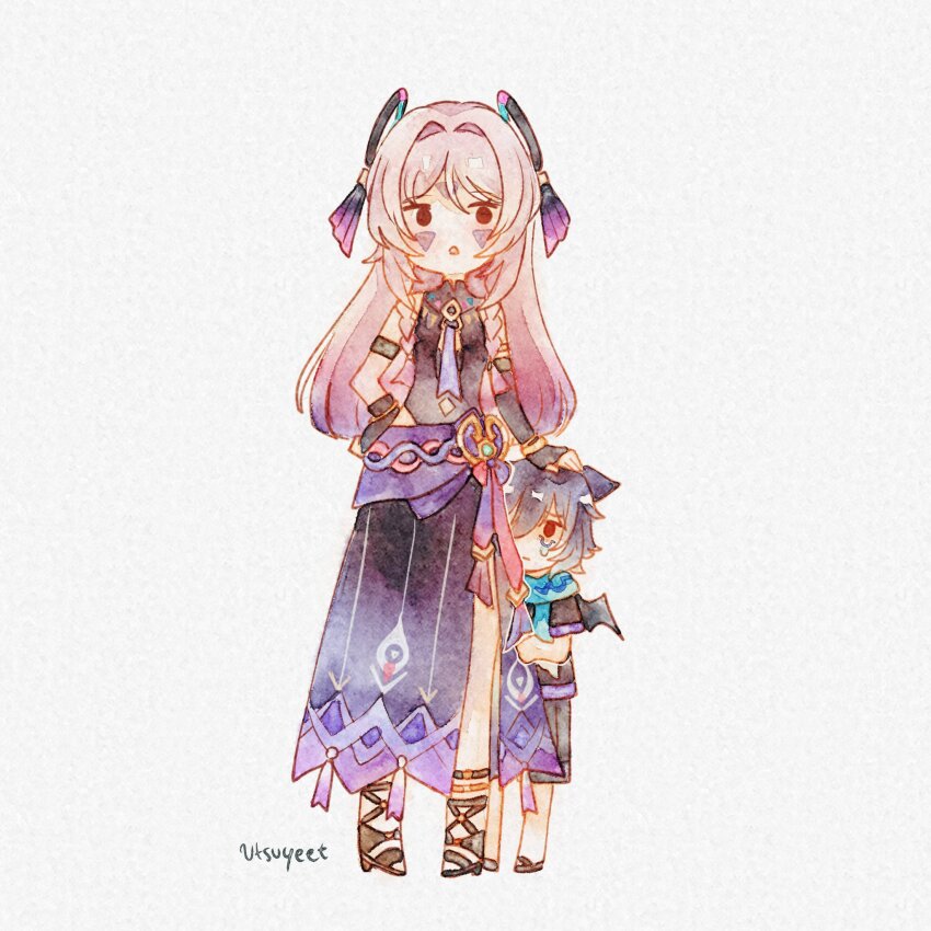 1boy, 1girl, age_difference, aged_down, animal_ear_fluff, animal_ears, armlet, artist_name, asymmetrical_gloves, bare_shoulders, bat_ears, bat_wings, behind_another, black_footwear, black_gloves, black_leotard, black_shirt, black_shorts, black_sleeves, blue_gem, blue_scarf, blunt_tresses, bracelet, braid, child, citlali_(genshin_impact), cleavage_cutout, closed_mouth, clothing_cutout, elbow_gloves, facial_mark, feather_hair_ornament, feathers, fingerless_gloves, floating_headgear, fringe_trim, gem, genshin_impact, gladiator_sandals, gloves, gold, gradient_hair, grandmother_and_grandson, hair_between_eyes, hair_intakes, hair_ornament, hair_over_one_eye, hair_rings, hair_tubes, hand_on_own_hip, head_tilt, headpat, height_difference, hiding, hiding_behind_another, highres, hip_vent, jewelry, leglet, leotard, long_hair, long_skirt, looking_down, multicolored_hair, navel_cutout, necktie, open_hand, open_mouth, ororon_(genshin_impact), pigeon-toed, pink_hair, purple_hair, purple_necktie, purple_skirt, sandals, scarf, shirt, short_sleeves, shorts, side_slit, one_ear_down, skirt, sleeveless_turtleneck_leotard, standing, thigh_marking, triangle, triangle_facial_mark, triangle_mouth, triangle_print, twin_braids, utsuyeet, vision_(genshin_impact), wings