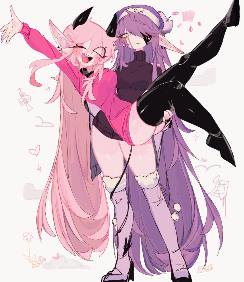 2girls, :d, ;d, absurdly_long_hair, alternate_costume, black_boots, black_horns, black_sweater