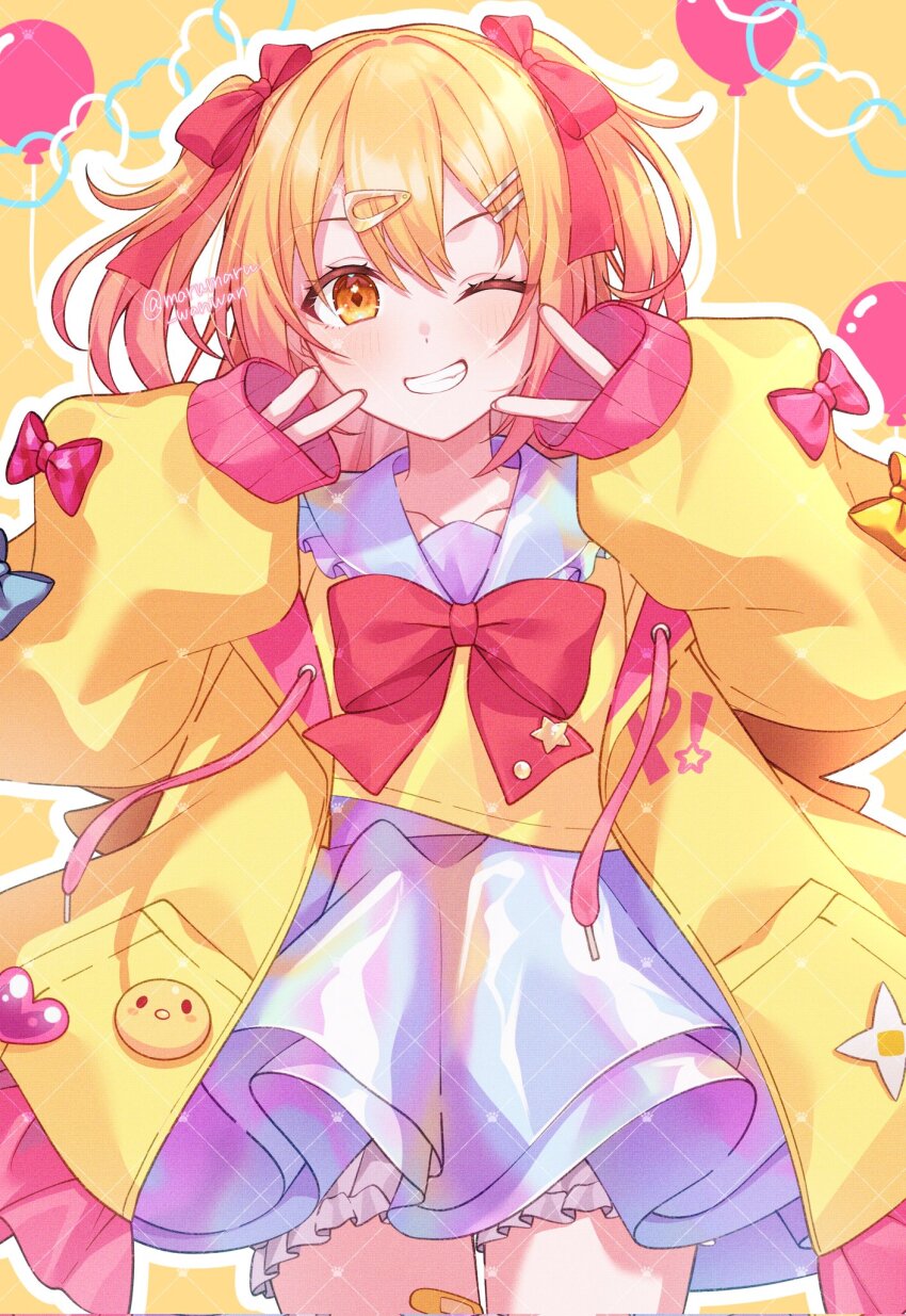 1girl, balloon, blonde_hair, blush, bow, bowtie, double_v, hair_bow