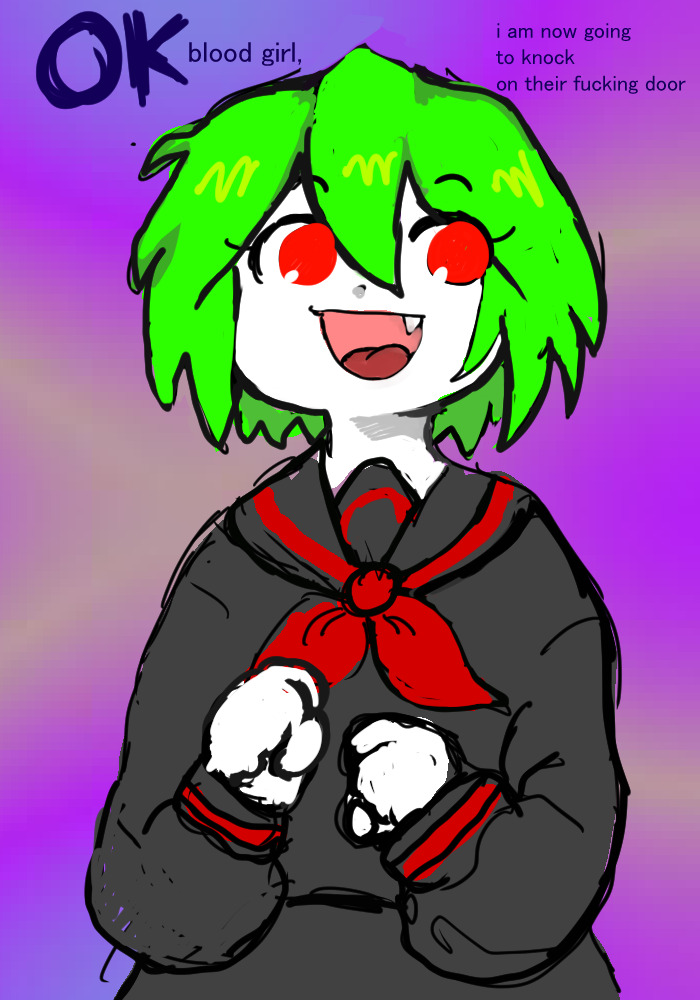 8eyes, black_serafuku, bob_cut, english_text, fang, green_hair, greengirl_(8eyes), open_mouth