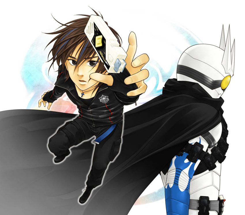 1boy, cape, daido_katsumi, dual_persona, highres, kamen_rider, kamen_rider_eternal, kamen_rider_w