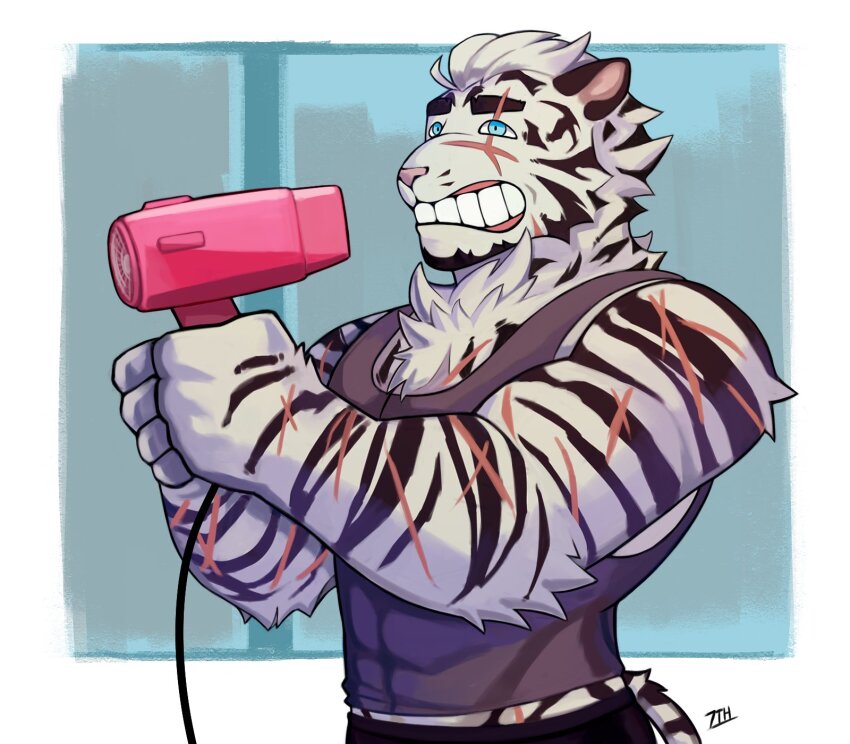 1boy, 7th_art_forge, abs, animal_ears, arknights, artist_name, bara, black_pants, blue_eyes, clenched_teeth, commentary, cross_scar, dandadan, derivative_work, english_commentary, facial_scar, furry, furry_male, grey_shirt, grey_tank_top, hair_dryer, highres, holding, holding_hair_dryer, male_focus, mountain_(arknights), multiple_scars, muscular, muscular_male, pants, scar, scar_across_eye, scar_across_eyebrow, scar_on_arm, scar_on_cheek, scar_on_chest, scar_on_chin, scar_on_face, scar_on_nose, scar_on_shoulder, scar_on_stomach, shirt, sleeveless, sleeveless_shirt, tail, tank_top, teeth, thick_eyebrows, tiger_boy, tiger_ears, tiger_stripes, tiger_tail