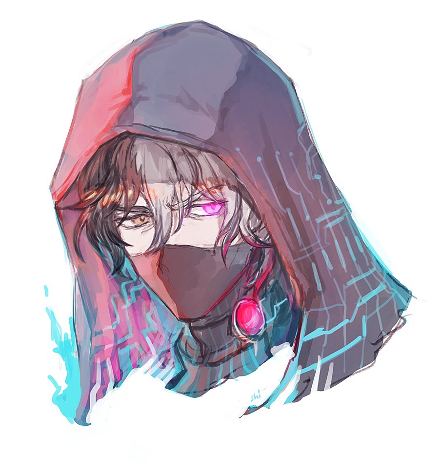 1boy, antonio_salieri_(exhibition_attire)_(fate), antonio_salieri_(fate), black_hood, black_mask, brown_eyes, brown_hair, commentary