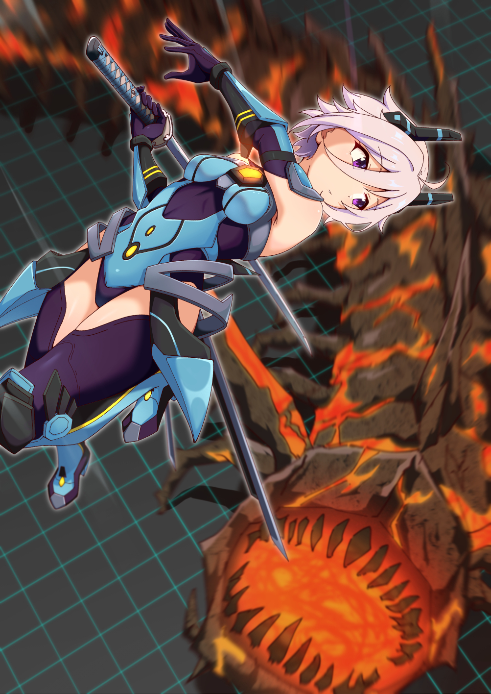 1girl, aradama_(toji_no_miko), armor, breasts, closed_mouth, grey_hair, highres, holding