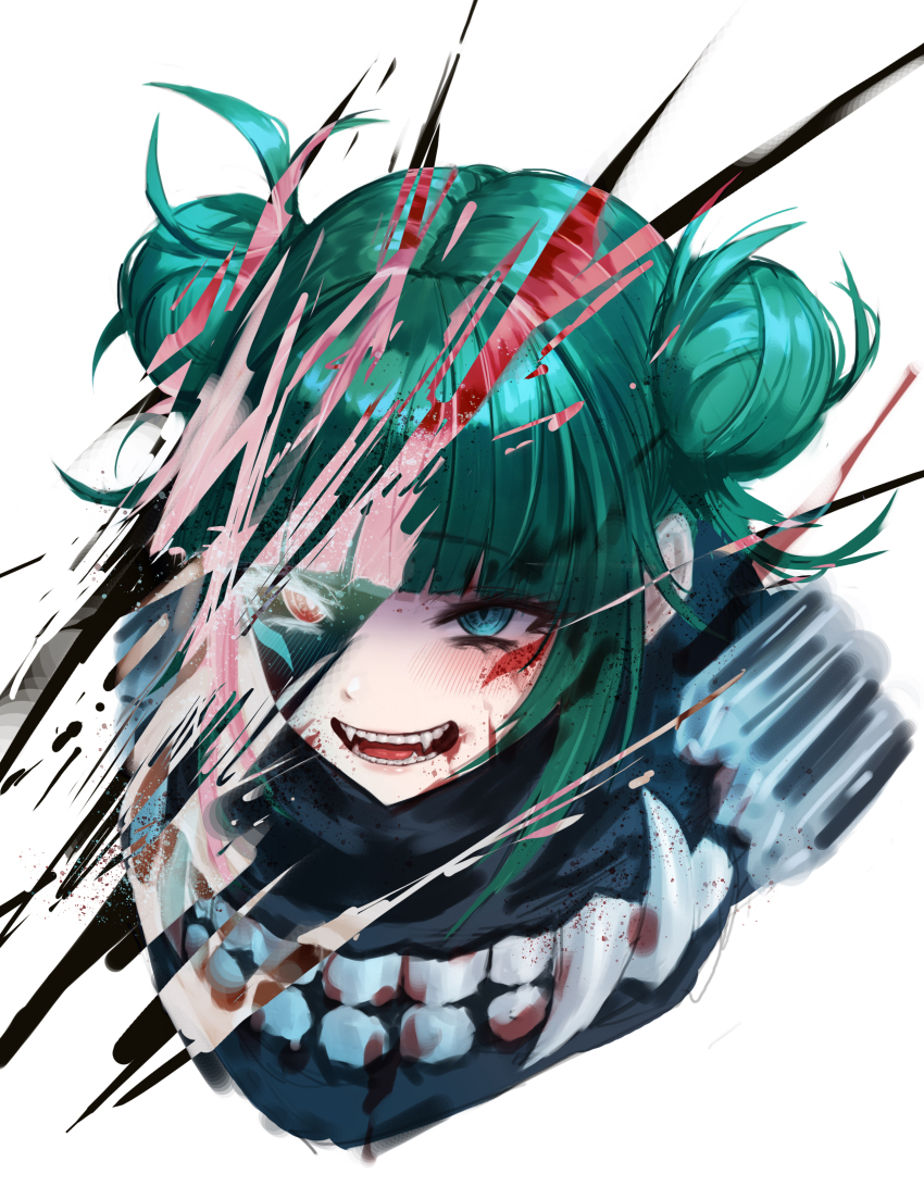 1girl, absurdres, aqua_eyes, blood, blood_on_clothes, blood_on_face, blunt_bangs, double_bun