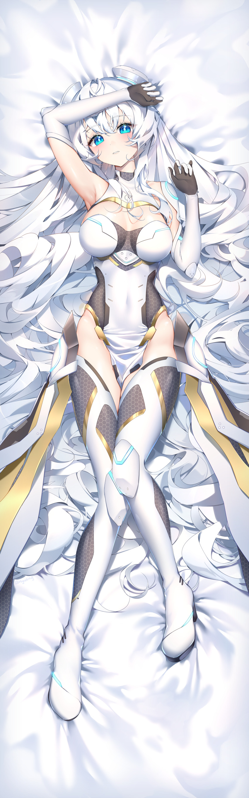 1girl, absurdres, arm_up, armpits, bed_sheet, black_gloves, blue_eyes, blush, boots, breasts, breasts_apart, cleavage_cutout, clothing_cutout, commentary_request, commission, counter:side, covered_collarbone, covered_navel, dakimakura_(medium), elbow_gloves, full_body, gloves, glowing_bodysuit, gold_trim, hair_between_eyes, hair_spread_out, halterneck, headgear, high_heel_boots, high_heels, highres, honeycomb_(pattern), horizon_(counter:side), hyuding_(hhgy0925), knees_together_feet_apart, korean_commentary, legs, long_hair, looking_at_viewer, lying, medium_breasts, on_back, parted_lips, partial_commentary, pelvic_curtain, second-party_source, solo, thigh_boots, twitter_username, two-sided_gloves, very_long_hair, wavy_hair, white_boots, white_gloves, white_hair
