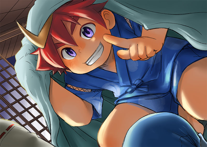 2boys, ahoge, artist_self-insert, blue_kimono, blue_pants, blue_shirt, blue_shorts, blush, commentary_request, izumi_(tamacolle), japanese_clothes, kimono, kimoto_hajime, male_focus, multicolored_hair, multiple_boys, pants, protagonist_(tamacolle), purple_eyes, shirt, shorts, shouji, sliding_doors, smile, squatting, streaked_hair, tamacolle