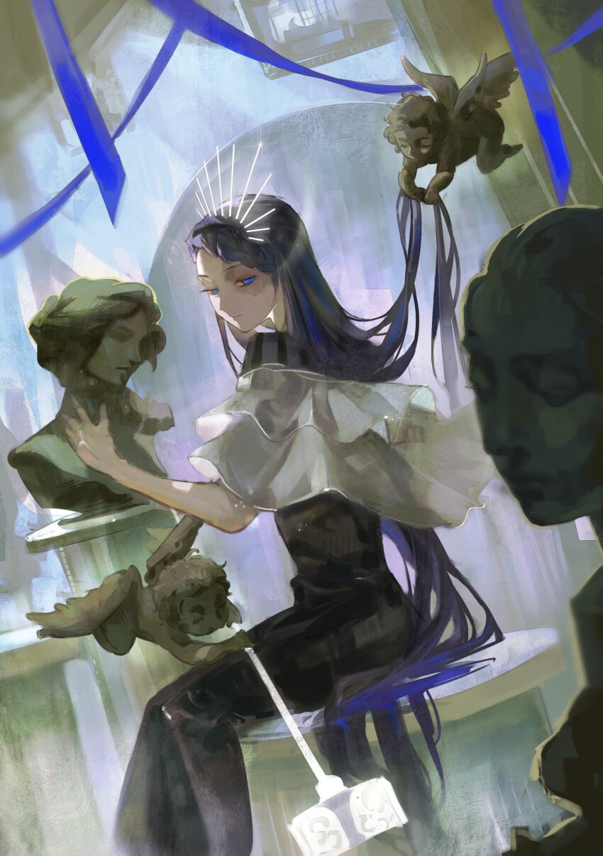 1girl, absurdres, ado_(utaite), black_dress, blue_eyes, blue_hair, braid, braided_bangs