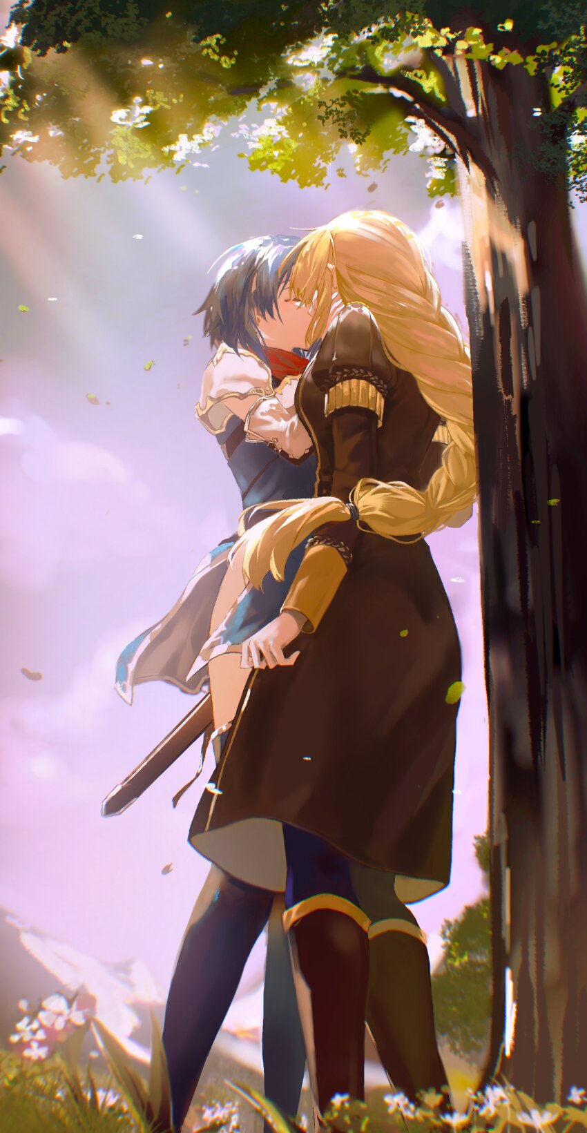 2girls, absurdres, armor, black_footwear, blonde_hair, blue_footwear, blue_hair, braid, breastplate, catria_(fire_emblem), cloud, commentary, english_commentary, falling_leaves, fingerless_gloves, fire_emblem, fire_emblem:_mystery_of_the_emblem, fire_emblem:_three_houses, fire_emblem_heroes, flower, from_behind, from_below, gloves, hair_tie, hands_on_another's_face, highres, ingrid_brandl_galatea, kiss, leaf, multiple_girls, nintendo, pauldrons, scabbard, second-party_source, sheath, sheathed, shoulder_armor, sky, sword, tree, under_tree, weapon, ye_(pixiv4862539), yuri