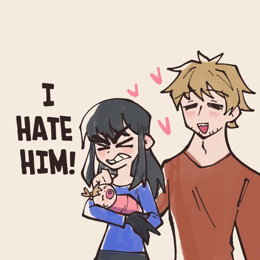 >_<, 1boy, aged_up, akaiguarts, black_hair, blonde_hair, chainsaw_man, couple