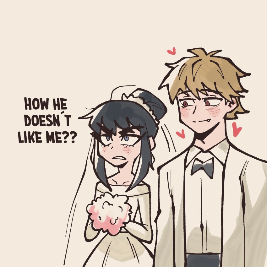 1boy, 1girl, akaiguarts, black_hair, blonde_hair, blue_eyes, bouquet, bridal_veil