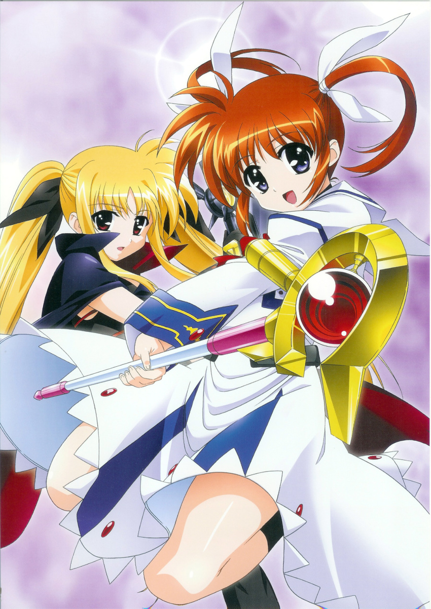 00s, 2girls, :d, bardiche_(device_form)_(nanoha), bardiche_(nanoha), belt, black_dress, black_socks, blonde_hair, blue_eyes, bow, brown_hair, cape, cowboy_shot, dress, fate_testarossa, fate_testarossa_(original_form), hair_ribbon, highres, holding, holding_weapon, leg_belt, long_sleeves, looking_at_viewer, lyrical_nanoha, mahou_shoujo_lyrical_nanoha, multiple_girls, okuda_yasuhiro, open_mouth, pleated_skirt, polearm, purple_eyes, raising_heart, raising_heart_(device_mode), red_bow, red_eyes, red_hair, ribbon, scan, short_hair, skirt, smile, socks, staff, takamachi_nanoha, takamachi_nanoha_(original_mode), thighhighs, twintails, weapon, white_dress, white_ribbon, white_skirt